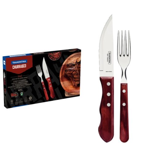 21199/796 - 12PC Poly Wood Jumbo Steak Knife Set with Red Handles