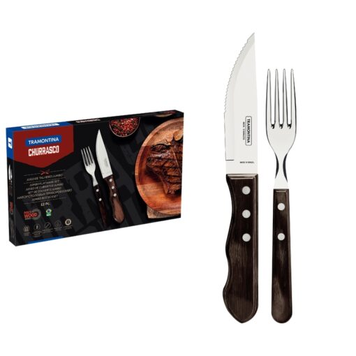 21199/996 - 12PC Poly Wood Jumbo Steak Knife Set with Brown Handles